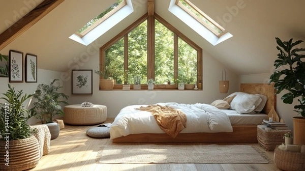 Obraz Sunlit bedroom with indoor plants, natural decor, and skylights creating a peaceful atmosphere.