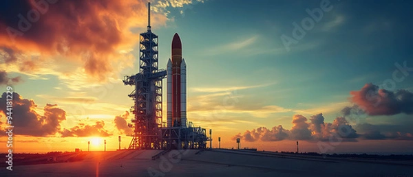 Obraz space rocket on launch pad, panoramic shot of the sky and the setting sun in the background.