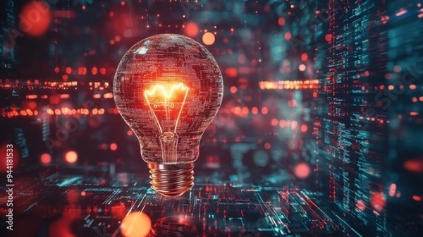 Fototapeta A brightly lit idea bulb floating amidst a backdrop of complex digital networks and binary code, representing the spark of innovation in artificial intelligence and machine learning, the surrounding