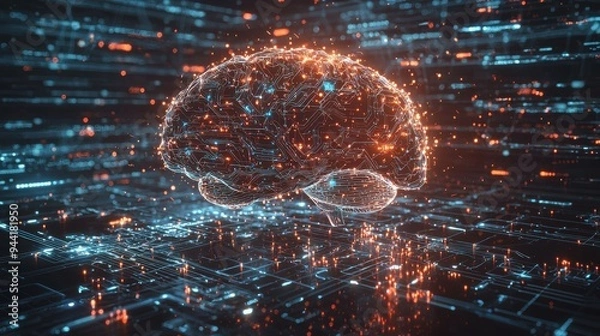 Obraz An artificial intelligence concept with a digital brain made of glowing lines and nodes, data streams flowing into the brain from all directions, representing the central role of AI in processing and