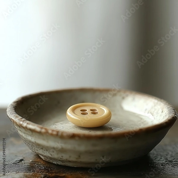 Obraz A single smooth off-white button rests in a shallow ceramic bowl
