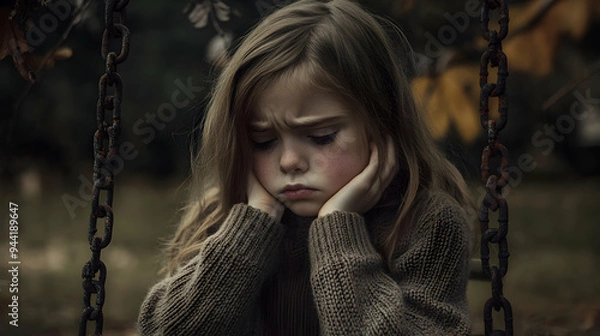 Fototapeta A young girl in a sweater sits on a swing