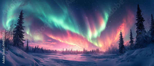 Fototapeta A stunning view of the Northern Lights over a snow-covered forest, with the aurora borealis illuminating the night sky in vibrant colors.