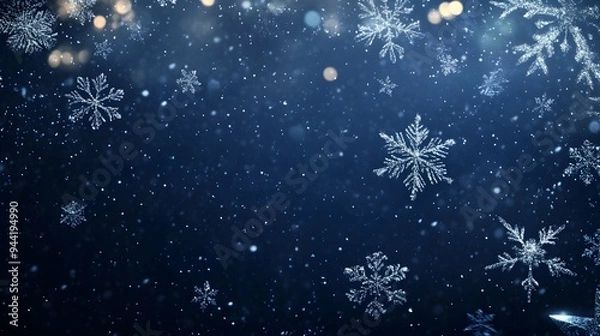 Fototapeta Dark blue background with falling snowflakes, creating an elegant and festive atmosphere for Christmas or New Year celebrations