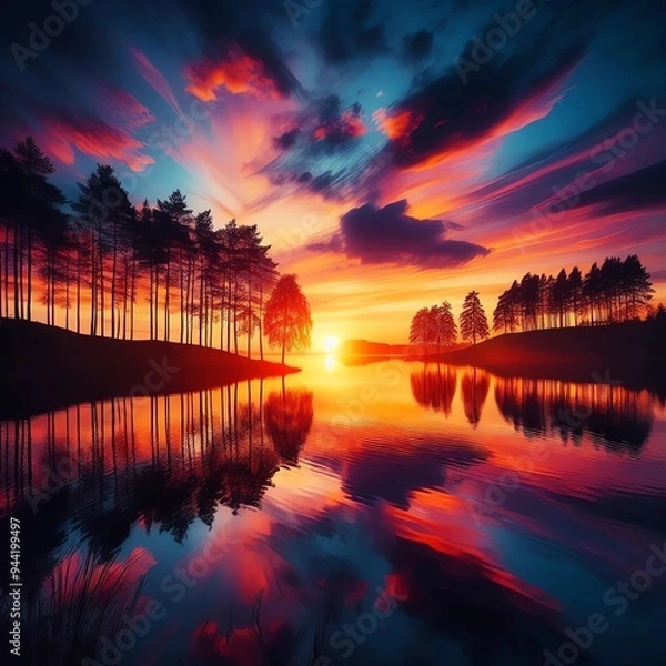 Fototapeta sunset over the lake with river background 