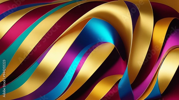 Obraz Wavy moving background texture of festive serpentine of different colors with metallic glitter. Servette on golden shiny background