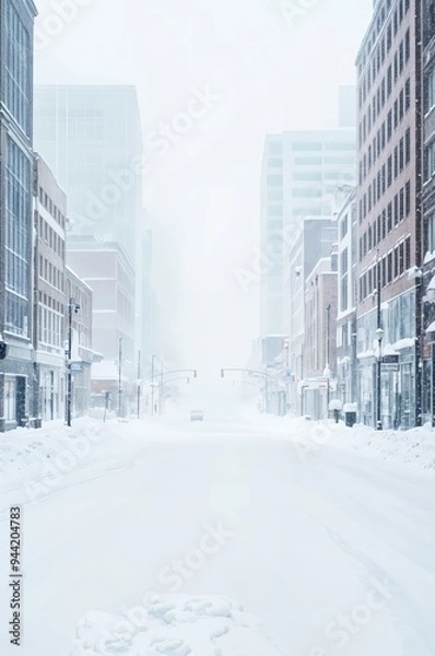 Fototapeta A snowy urban street with tall buildings obscured by heavy snowfall.