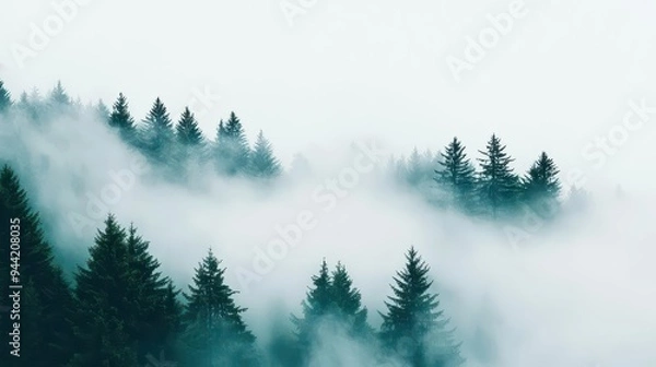 Fototapeta Fog rolling through a mountain pass, foggy weather, mysterious and silent