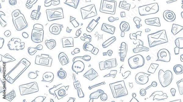 Fototapeta Social media sketch vector seamless doodle pattern gray icons on a white background