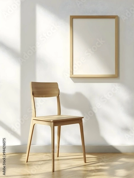Fototapeta Square Frame with Poster Mockup standing on the wooden chair. 3d rendering