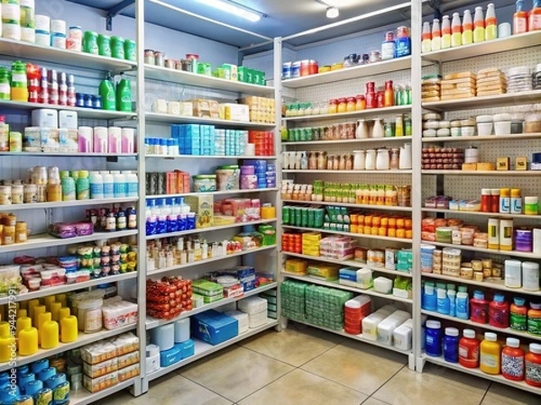 Fototapeta Rows of fully stocked wholesale store shelves overflowing with assorted products, including household items, toiletries, and packaged goods, all neatly organized and labeled.