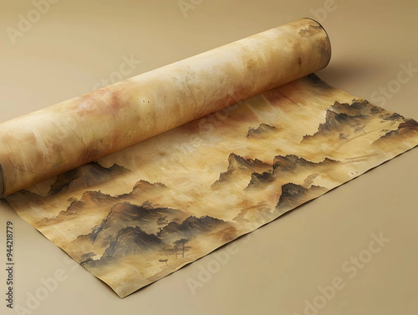 Fototapeta Antique-style scroll painting depicting a serene mountain landscape, unrolled to reveal detailed brushwork.
