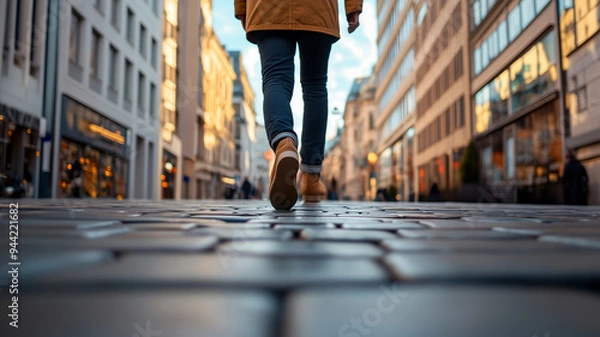 Obraz A low-angle view of a person walking down a cobblestone street in a city, capturing the early morning light reflecting off the buildings.