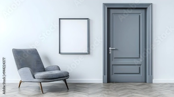 Fototapeta Interior design of modern living room with cabinet and mock up blank frame.