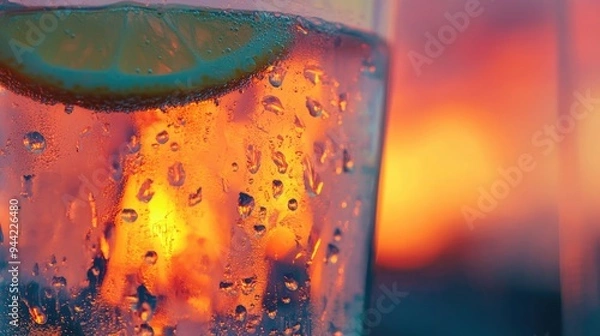 Fototapeta Close-up of a Glass of Cold Drink with a Lemon Wedge Against a Sunset Background