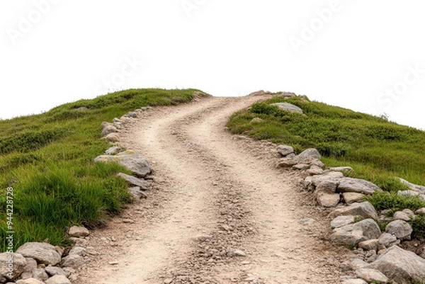 Fototapeta A winding dirt path through green hills, inviting exploration and adventure amidst nature's serene beauty isolate on transparency background