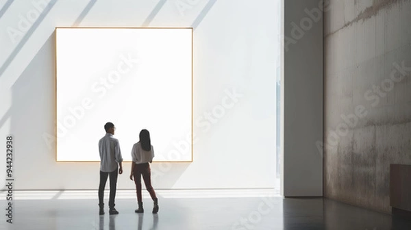 Obraz Two people standing in front of a large white wall