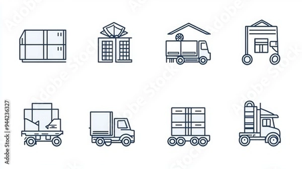 Fototapeta Logistics industry icons in a line style with editable strokes, depicting various concepts like picking, shipping, fragile items, towing, and transportation. 