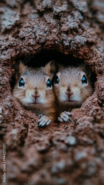 Fototapeta Two curious squirrels peeking out from a cozy burrow in a sunlit forest