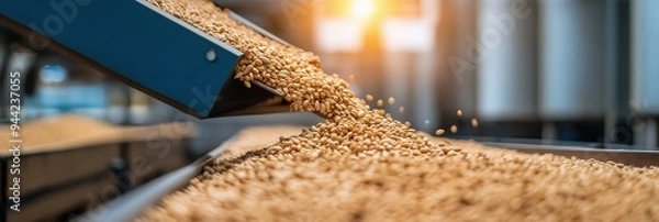 Fototapeta Soybeans being dropped into a hopper in an industrial plant, showing efficient grain handling processes.