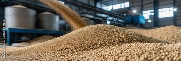 Fototapeta View of soybeans being loaded into machinery at an industrial plant, representing modern agricultural practices.