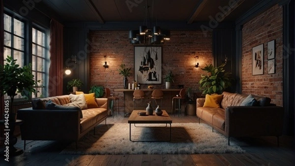 Fototapeta Living room in minimalist style of raw brick in the center of a big city