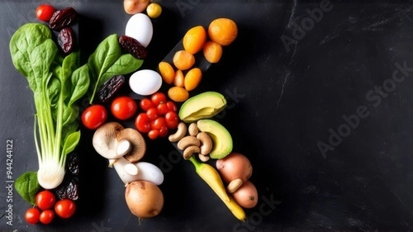Fototapeta Vitamin K in nutrition concept. Letter K with fresh salad, tomatoes, soybeans, spinach, meat, radishes, dried apricots, cashews, peas, prunes, avocado, eggs, banana, potatoes, mushrooms