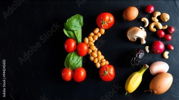 Fototapeta Vitamin K in nutrition concept. Letter K with fresh salad, tomatoes, soybeans, spinach, meat, radishes, dried apricots, cashews, peas, prunes, avocado, eggs, banana, potatoes, mushrooms