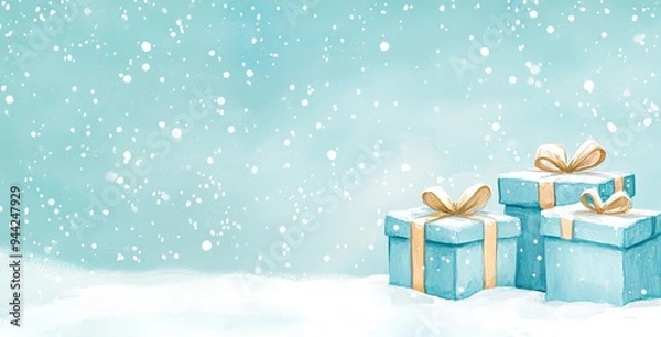 Fototapeta The background is horizontal and is comprised of gifts, ribbons, and snow bows