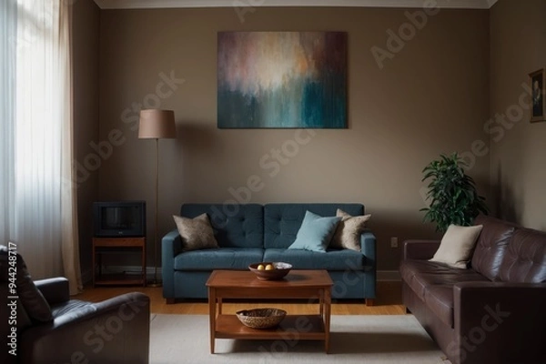 Obraz A living room with a couch, coffee table, and two chairs