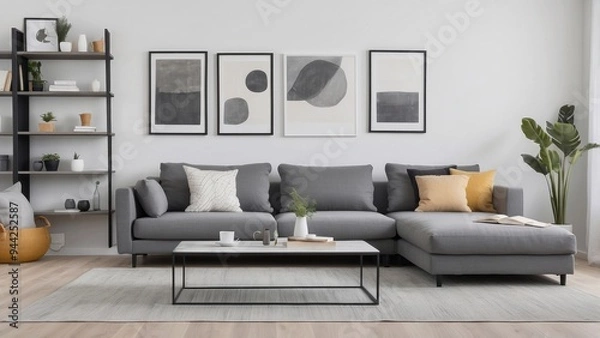Fototapeta Minimalist Living Room with Grey Sectional Sofa and Abstract Artwork