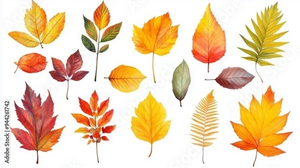 Fototapeta Autumn leaves of various shapes and colors displayed against a white background capturing the essence of fall foliage