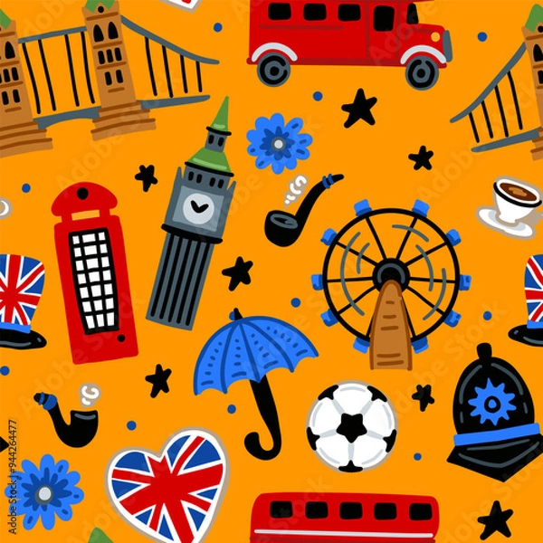 Obraz Bright cheerful children seamless vector pattern with symbols of the Great Britain. London. Union Jack, Big Ben, London Bridge, bus. United Kingdom landmarks. Childish travel background