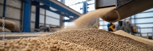 Fototapeta Large grains being processed and sorted in an industrial facility, symbolizing efficiency in food manufacturing.