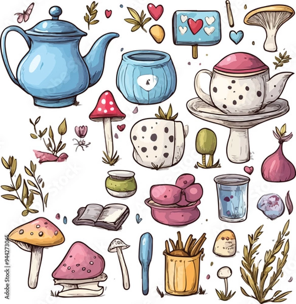 Obraz Whimsical Tea Party Doodles with Mushrooms, Teapots, and Decorative Elements  
