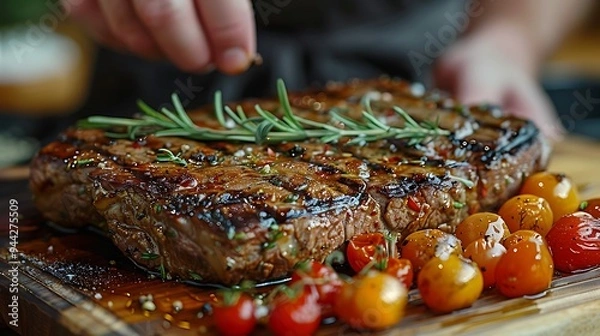 Obraz A chef adds seasoning to a grilled steak with rosemary and cherry tomatoes.