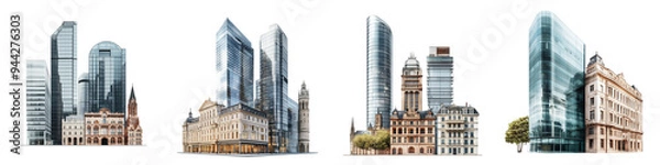 Fototapeta set of depiction of modern glass buildings alongside classic stone structures, on a transparent backgrounds