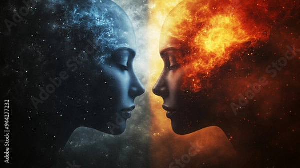 Obraz Duality of Fire and Ice: Abstract Portraits of Female Faces with Fiery and Icy Elements