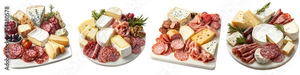 Fototapeta set of a collection of artisanal cheeses and charcuterie on a white platter, Refined Array of Artisanal Cheeses and Charcuterie on a White Serving Platte, on a transparent backgrounds