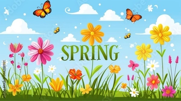 Fototapeta A seasonal greeting card featuring the word "SPRING" in elegant lettering, accented with floral motifs, daisies, and a sunny background in shades of green and blue.
