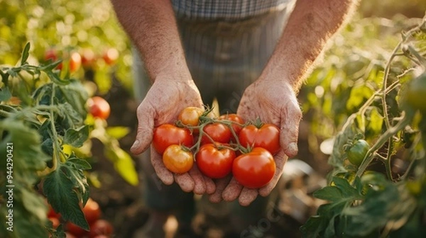 Obraz watering the greenhouse garden's tomato plant. Watering the tomato in the greenhouse with a hand watering can. in closeup.