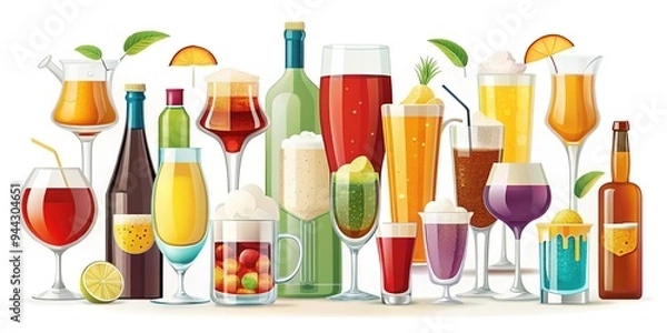 Fototapeta Vibrant colorful icons of various cocktail glasses, wine bottles, and beer mugs arranged on a white background, symbolizing a festive atmosphere and social gatherings.
