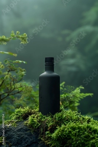 Fototapeta A sleek black bottle rests on a mossy rock amidst lush greenery in a misty forest setting during early morning light