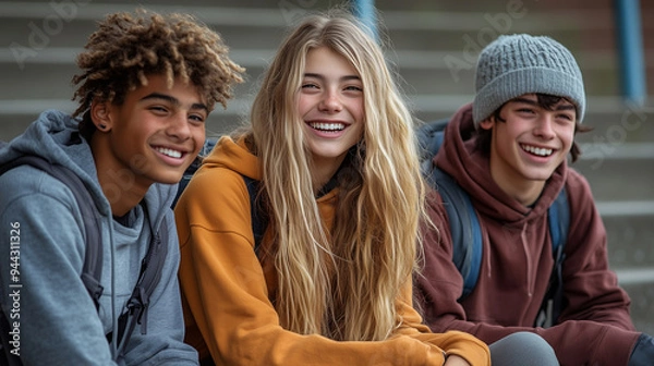 Obraz A group of teenagers sitting on the steps of a school, laughing and talking about their first day back.