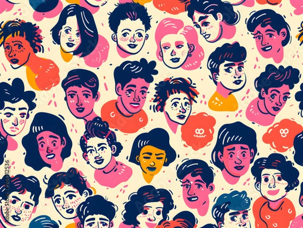 Fototapeta Retro Pop Art Faces Pattern with Bold Colors and Stylized Expressions