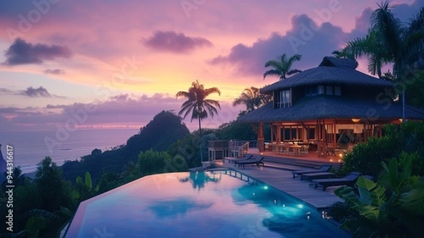 Fototapeta A beautiful holiday home on the beach. Green surroundings, palm trees, sunshine, everything you need for a relaxing/luxurious vacation. AI generated image.