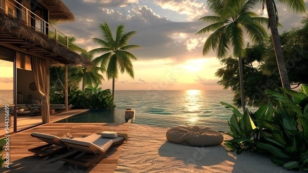 Fototapeta A beautiful holiday home on the beach. Green surroundings, palm trees, sunshine, everything you need for a relaxing/luxurious vacation. AI generated image.