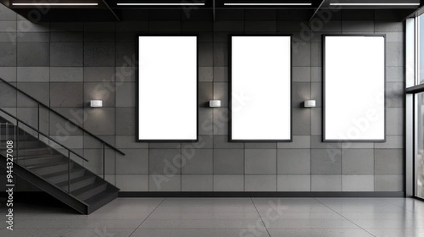 Obraz A large empty room with three white posters on the wall Mockups, Transparent PNG