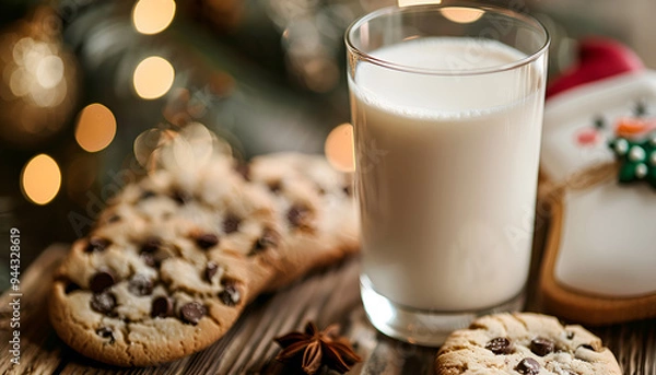 Fototapeta close up view of glass of milk with cookies on wooden table over Christmas background