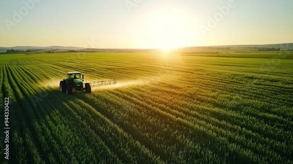 Obraz Aerial view of a tractor spraying in verdant wheat fields under a bright light, demonstrating contemporary farming techniques